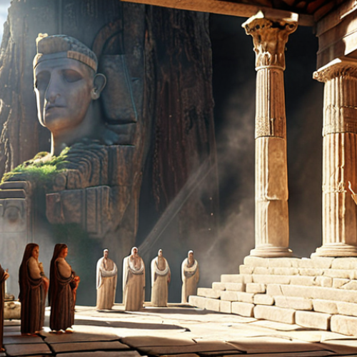 Home 15 ** Ancient oracle at Delphi delivering a prophecy, bathed in mystical light, with followers listening intently.
**