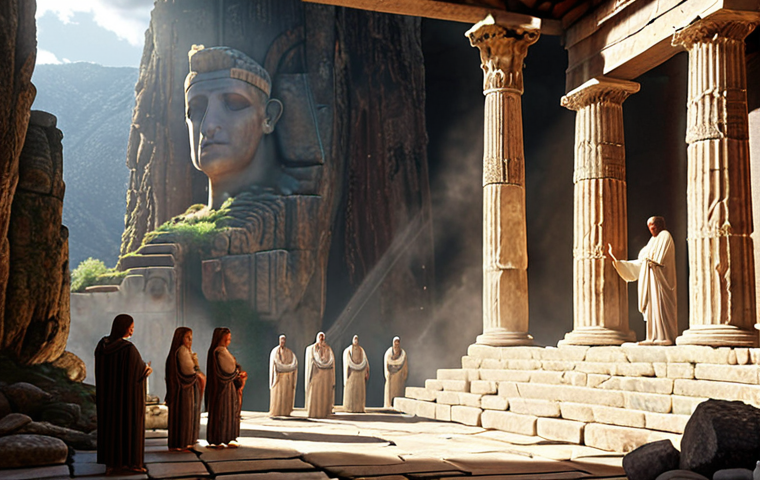 ** Ancient oracle at Delphi delivering a prophecy, bathed in mystical light, with followers listening intently.

**