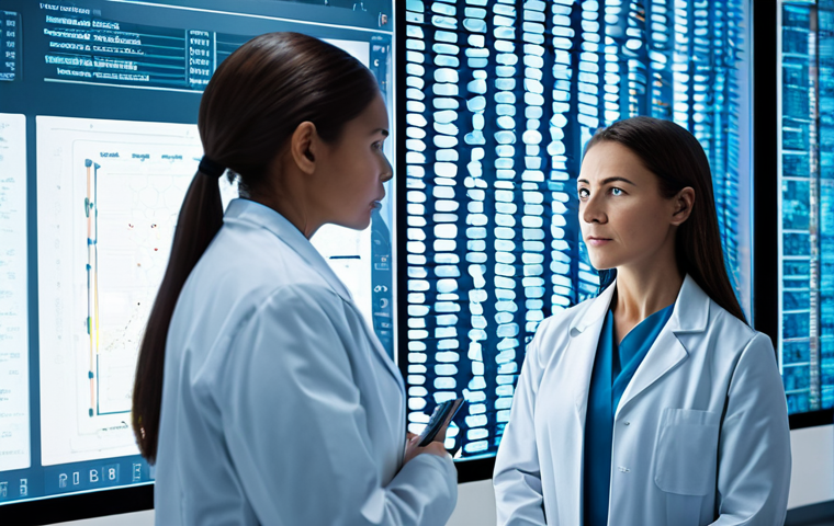 A professional female genetic researcher in a pristine, futuristic laboratory, observing intricate 3D genomic data on a large transparent screen. She is wearing a clean lab coat and professional dress, focused and determined. The background features advanced scientific equipment and soft, ambient lighting, symbolizing hope and precision in medical advancement. Fully clothed, modest clothing, appropriate attire, professional dress, safe for work, appropriate content, perfect anatomy, correct proportions, natural pose, well-formed hands, proper finger count, natural body proportions, professional photography, high quality, highly detailed.