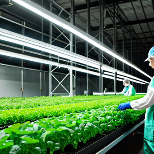 Home 7 **
"A thriving vertical farm inside a modern warehouse in Barcelona, Spain. Rows of leafy greens and herbs are illuminated by LED grow lights. Workers in clean uniforms are tending to the plants. In the background, we see the cityscape. Fully clothed, appropriate attire, safe for work, perfect anatomy, natural proportions, professional photography, high quality, family-friendly."
**