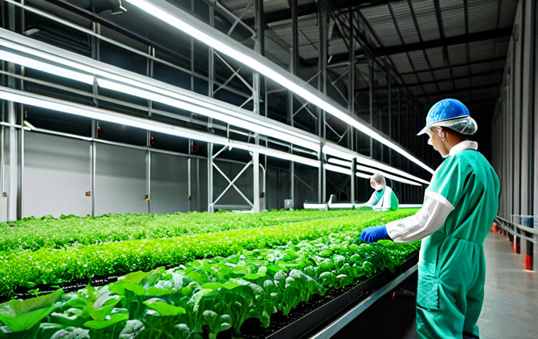 **

"A thriving vertical farm inside a modern warehouse in Barcelona, Spain. Rows of leafy greens and herbs are illuminated by LED grow lights. Workers in clean uniforms are tending to the plants. In the background, we see the cityscape. Fully clothed, appropriate attire, safe for work, perfect anatomy, natural proportions, professional photography, high quality, family-friendly."

**