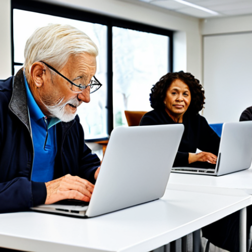 Home 27 인구 변화와 미래 경제 - **Prompt:** "A diverse group of older adults participating in a 'reskilling' workshop, learning new ...