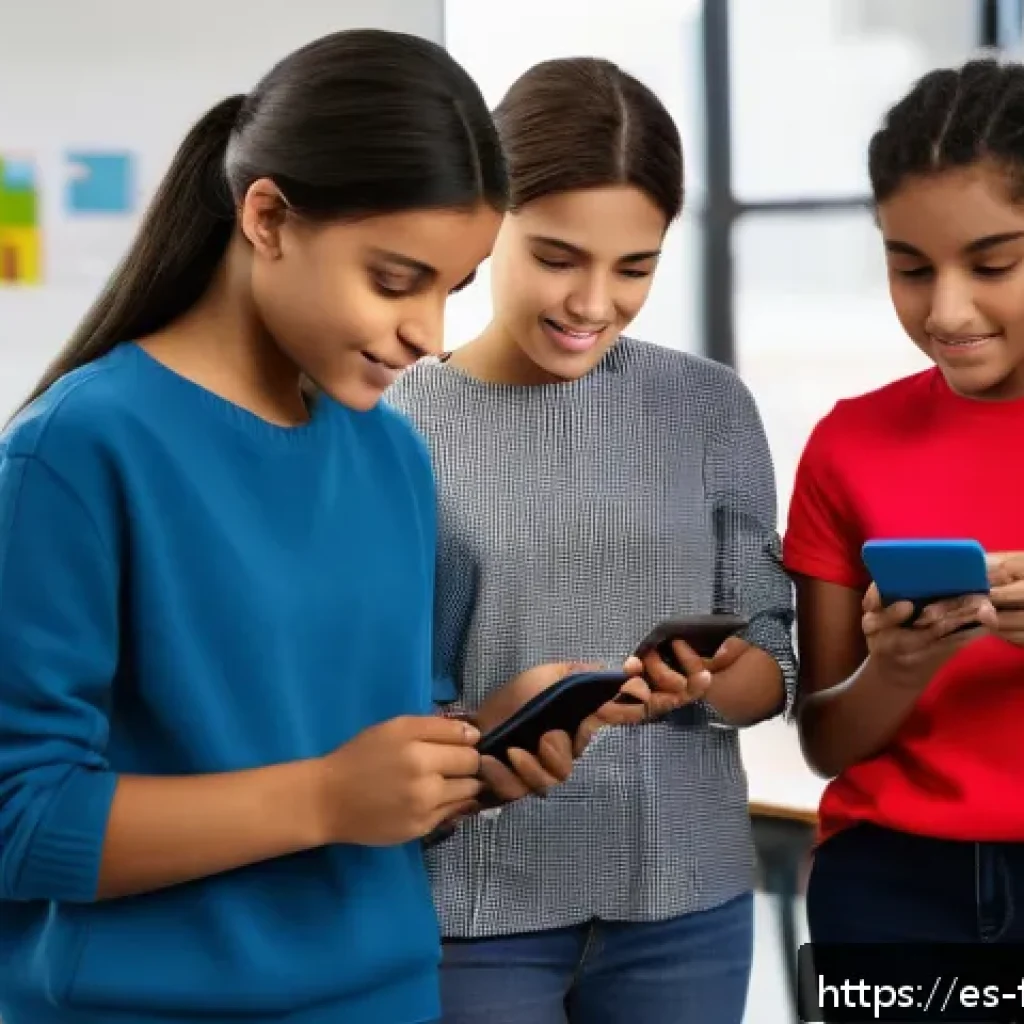 AI 기반 맞춤형 교육 - A diverse group of Spanish-speaking students using AI-powered educational apps on smartphones and ta...