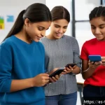 Home 12 AI 기반 맞춤형 교육 - A diverse group of Spanish-speaking students using AI-powered educational apps on smartphones and ta...
