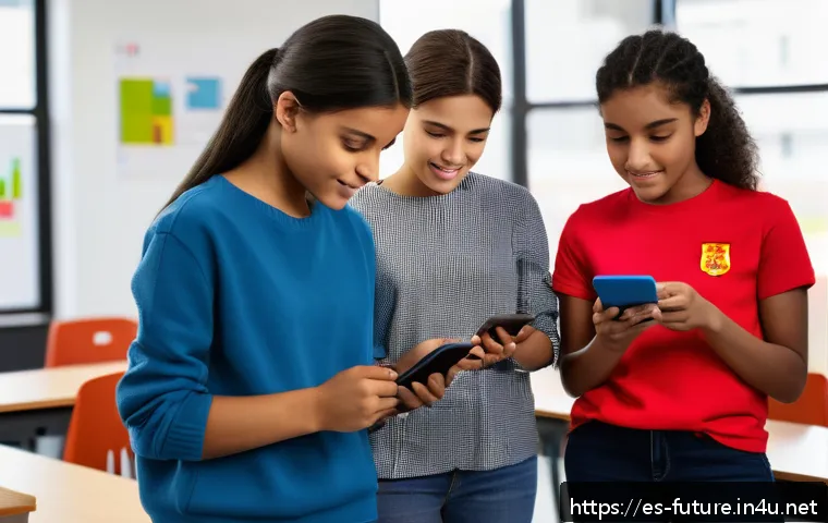 AI 기반 맞춤형 교육 - A diverse group of Spanish-speaking students using AI-powered educational apps on smartphones and ta...