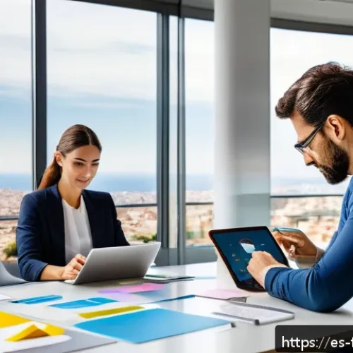 Home 11 미래학자 피터 드러커 - A modern corporate office scene in Spain showing a diverse team of professionals engaged in a collab...
