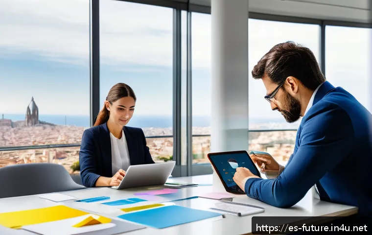 미래학자 피터 드러커 - A modern corporate office scene in Spain showing a diverse team of professionals engaged in a collab...