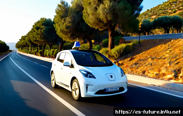 자율주행차와 도로 환경 - Photorealistic autonomous electric car traveling safely along a sunlit coastal highway in southern S...